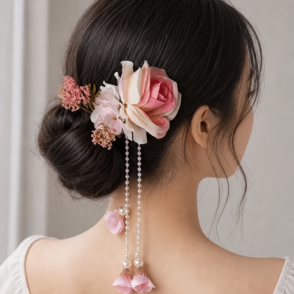 Elegant Ethereal Floral Tassel Hair Clip, Romantic Bun Accessory